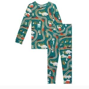 Posh Peanut Wyatt Holiday Train Green Holiday Winter Long John Pajamas Kids 7